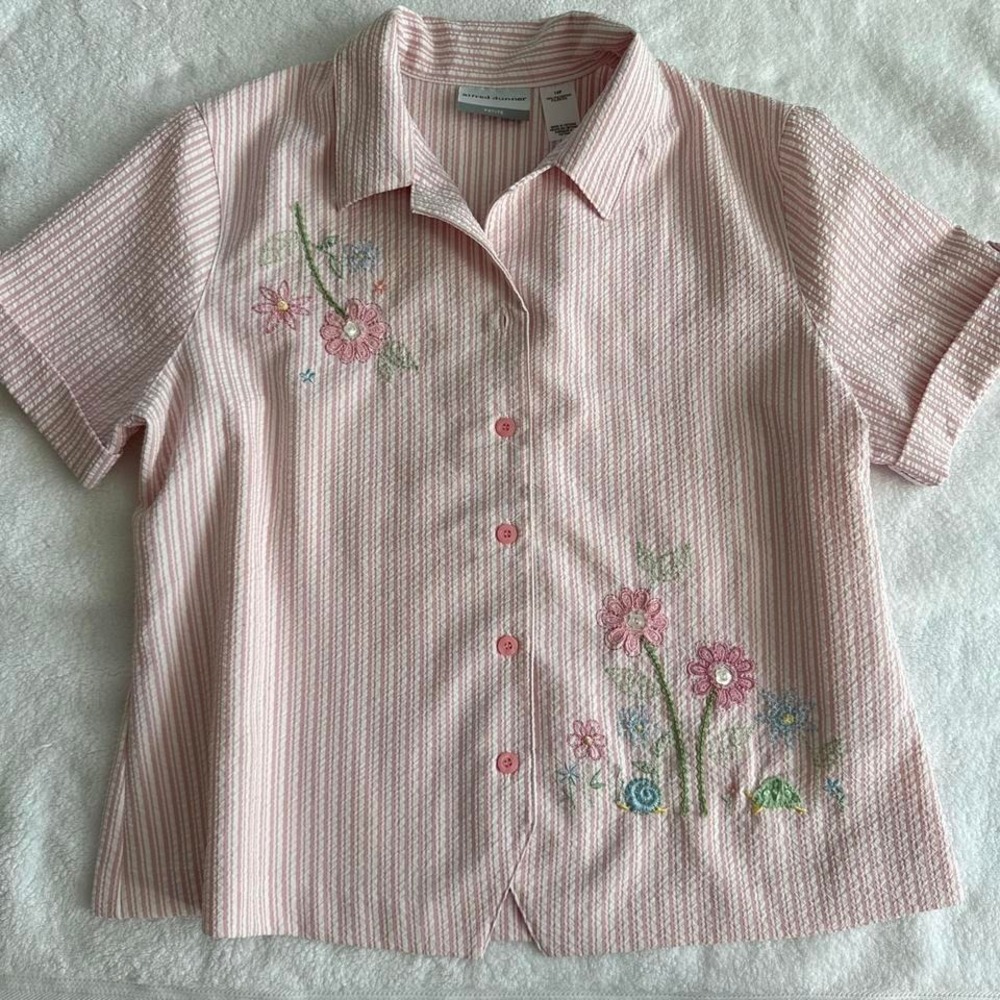 coquette pink striped button up shirt with floral embroidery